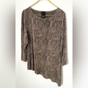 Citiknits Tan Gray Swirl Slinky Stretch Asymmetrical Blouse Top Womens Large